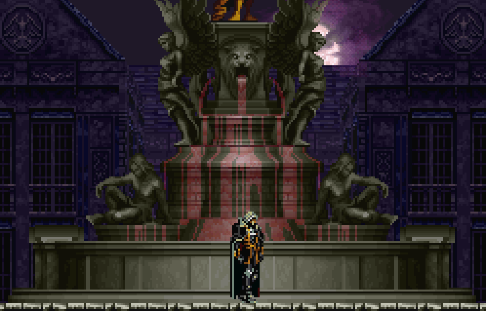 Alucard standing in front of an elaborate fountain with  winged statues and blood-tinted water