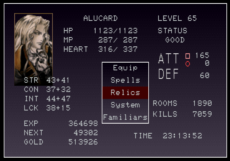 a screenshot of the pause menu, listing various stats. Alucard's portrait is visible, with his long wavy hair on display and a stoic expression on his face.
