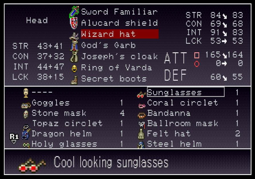 the equipment menu, highlighting a pair of yellow and red sunglasses with the description: Cool looking sunglasses