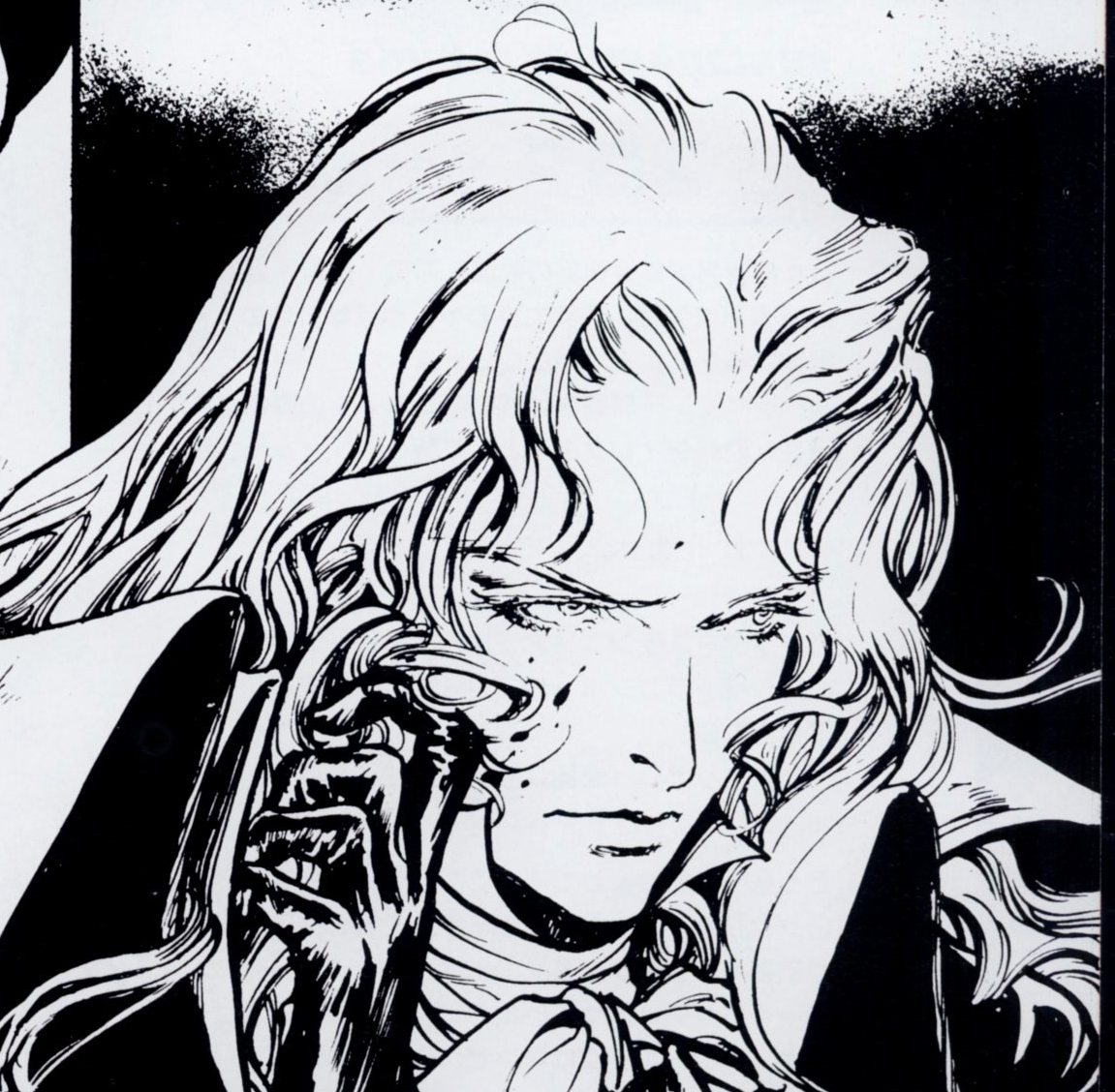 black and white ink drawing of Alucard brushing away a lock of his hair with some blood splattered on his cheek