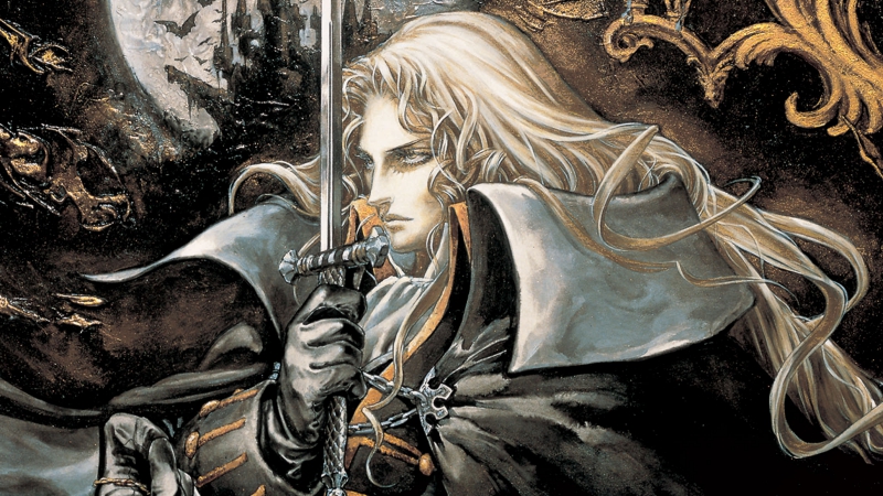 Alucard holding his sword in front of his face